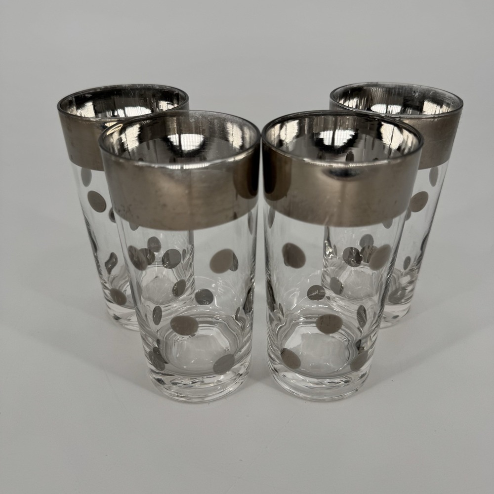 Mid Century Dorothy Thorpe Silver Band‎ and Dots Highball Glasses Vintage
